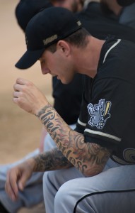 St. Paul, MN:  Midway Stadium, 'Relentless' tattoo on Laredo Lemur pitcher  7/20/14