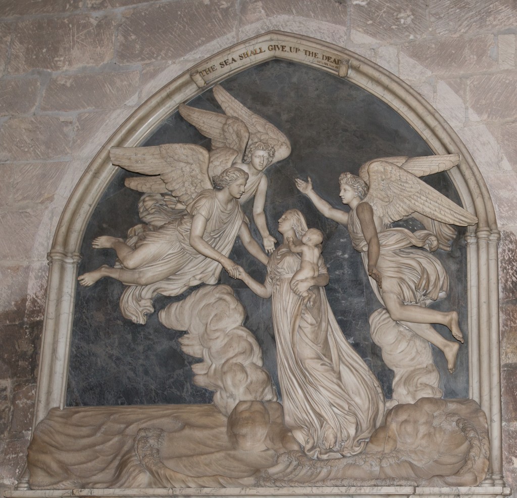 Worcester, England:  Worcester Cathedral, memorial to Sarah Morley, mother of seven, who died at 29 in childbirth (1784) on shipboard returning to England from Bombay  7/2/15