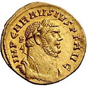 Golden coin issued by Carausius, pretender to the Roman throne. Ca. 290